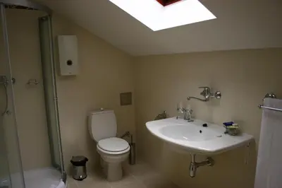 a bathroom with a toilet and a sink and a shower at Zlaty Lev in Louny