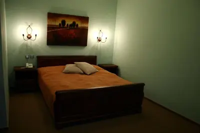 a bedroom with a bed and two lights on the wall at Zlaty Lev in Louny