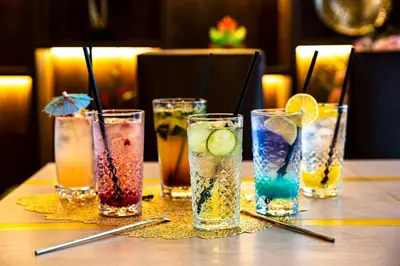 a group of different types of drinks on a table at Hotel Lifestyle in Prague