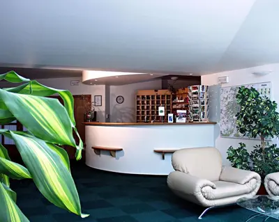 a waiting room with a chair and plant at Hotel Smaragd in Prague