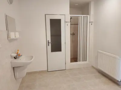 a bathroom with a sink and a toilet and a shower at Hotel Koruna in Roudnice nad Labem