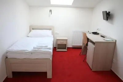 a small room with a bed and a desk with a red carpet at Penzion U sv. Kryštofa in Prague