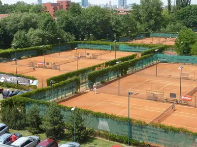 an overhead view of two tennis courts in a parking lot at Penzion U sv. Kryštofa in Prague