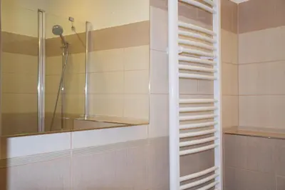 a shower with a glass door and a glass shelf at Tiva Downtown Apartments in Prague