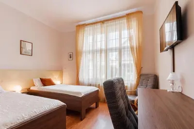 a hotel room with a bed and a table and a window at Villa A. Malka in Poděbrady