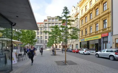 a woman walking down a street with a pole on the sidewalk at Kafka's Head Apartment in Prague