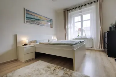a bedroom with a large bed and a window at Cozy Private Apartment in Prague