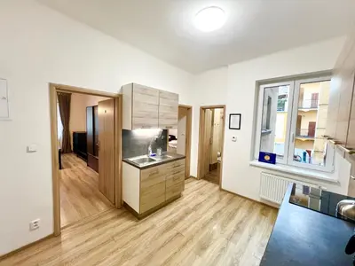 a kitchen with white walls and wooden floors and a window at Cozy Private Apartment in Prague