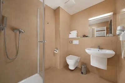 a bathroom with a shower and a toilet and a sink at Spa Hotel Felicitas in Poděbrady