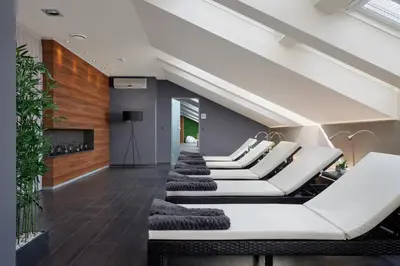 a living room with white furniture and wooden walls at Spa Hotel Felicitas in Poděbrady