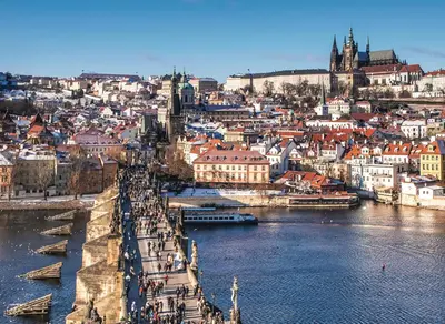 a view of a city with a river and buildings at Trendy Local Apartment in Prague