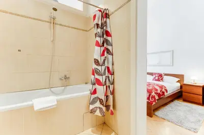 a bathroom with a bed and a bath tub next to a shower at Old Town Square Royal Apartment in Prague