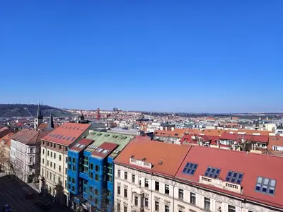 an aerial view of a city with buildings at Hotel Legie in Prague