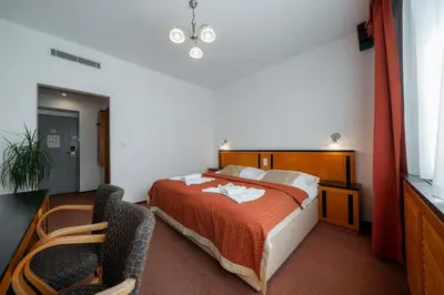 a bedroom with a bed and two chairs in it at Penzion Homer Poděbrady in Poděbrady