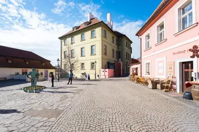 a cobblestone street in a town with buildings and a statue at Charles Apartment in Prague