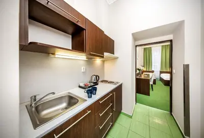 a kitchen with a sink and a bathroom at Martin Hotel Prague in Prague