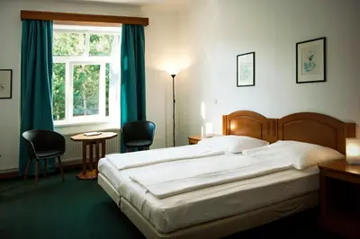 a bedroom with a large bed and a window at Vila Josefina in Prague