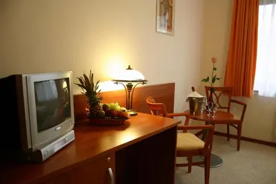 a living room with a television on a wooden table at Alexis in Prague