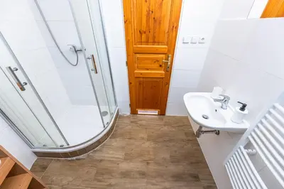 a bathroom with a shower and a sink at Slavikova Residence in Prague