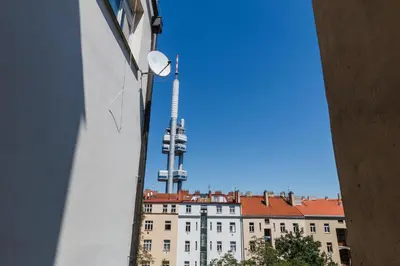 a view of a building with a cell phone tower at Slavikova Residence in Prague