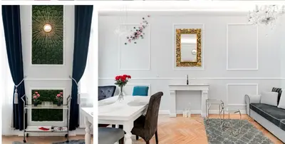 two images of a living room and a dining room at Vogue apartment near by Wenceslas Square in Prague