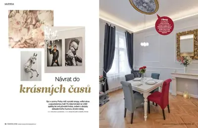 a magazine page of a living room with a table and chairs at Vogue apartment near by Wenceslas Square in Prague