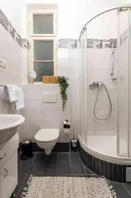 a bathroom with a shower and a toilet and a sink at Letná Apartments in Prague
