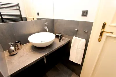 a bathroom with a white bowl sink on a counter at Luxury apartments Krocínova in Prague