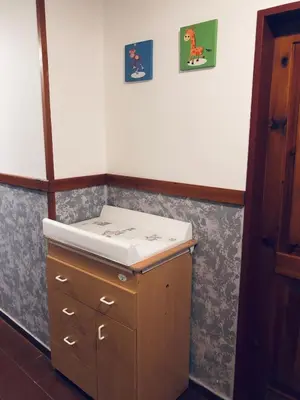 a kitchen with a wooden cabinet with a counter top at Hotel U Berounky in Srbsko