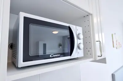a microwave oven on a shelf in a kitchen at Residence Nad Vltavou in Prague