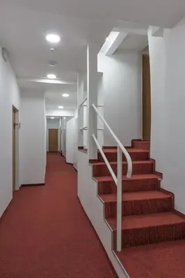 a hallway with red carpeted stairs in an office building at Hotel Taurus in Prague