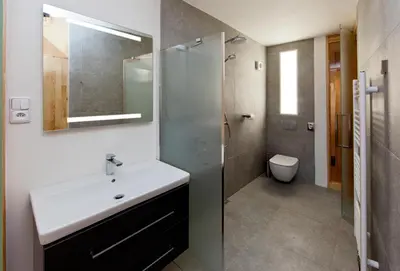a bathroom with a sink and a shower and a toilet at Hotel Wolf in Prague