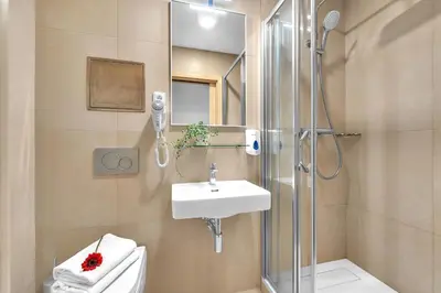 a bathroom with a shower and a sink and a toilet at Abitohotel in Prague