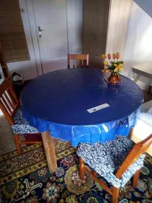 a blue table with chairs and a vase of flowers on it at apartricanova in Prague