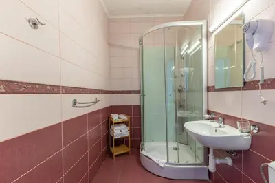 a bathroom with a sink and a shower at Hotel Wilhelm in Prague