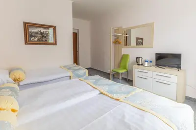 a hotel room with two beds and a television at Hotel Wilhelm in Prague