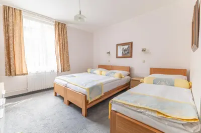 a bedroom with two beds and a window at Hotel Wilhelm in Prague