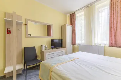 a bedroom with a bed and a chair and a television at Hotel Wilhelm in Prague