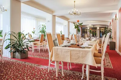 a dining room with tables and chairs and a chandelier at Hotel Ostrov in Nymburk