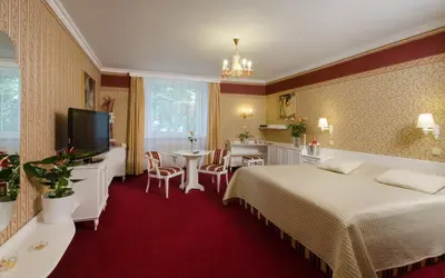 a hotel room with a bed and a dining area at Hotel Ostrov in Nymburk