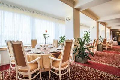 a dining room with a table and chairs at Hotel Ostrov in Nymburk