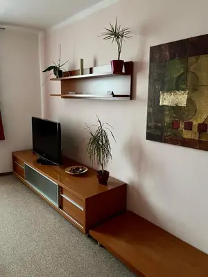 a living room with a tv on a wooden cabinet at Hotel Ostrov Garni in Sadská