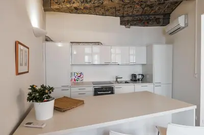 a kitchen with white cabinets and a counter top at 18th CENTURY BAROQUE RESIDENCE in Prague