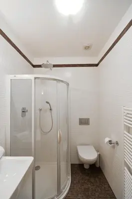 a bathroom with a glass shower and a toilet at 18th CENTURY BAROQUE RESIDENCE in Prague