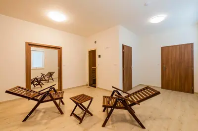 a room with two chairs and a mirror at Penzion Piranha in Mělník