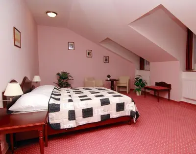a bedroom with a large bed in a attic at Golf Resort Hotel Konopiště in Benešov