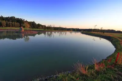 a large lake with a statue in the middle of it at Golf Resort Hotel Konopiště in Benešov