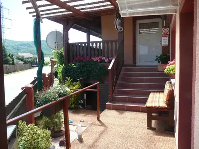 a front porch of a house with potted plants at Penzion U Tulaka in Dobřichovice
