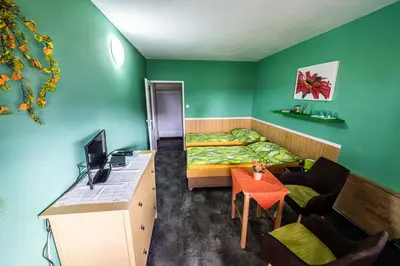 a small room with a bed and a desk and a computer at Penzion U Tulaka in Dobřichovice