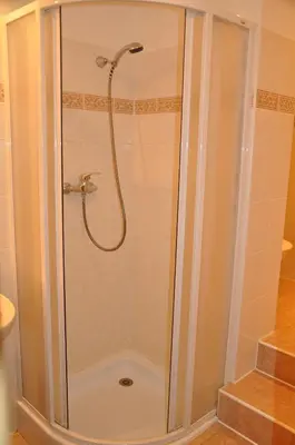a shower with a glass door in a bathroom at Pension Nostalgie in Beroun